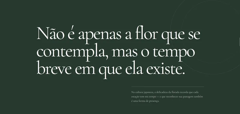 Seção da landing page em fundo verde com a frase Não é apenas a flor que se contempla, mas o tempo breve em que ela existe.