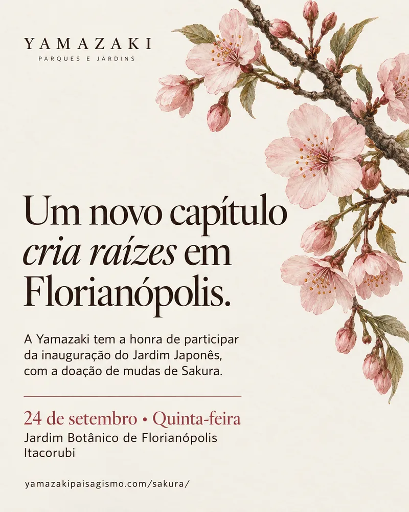 Post para Instagram: ilustração de galho de cerejeira em flor ao lado do título Um novo capítulo cria raízes em Florianópolis.